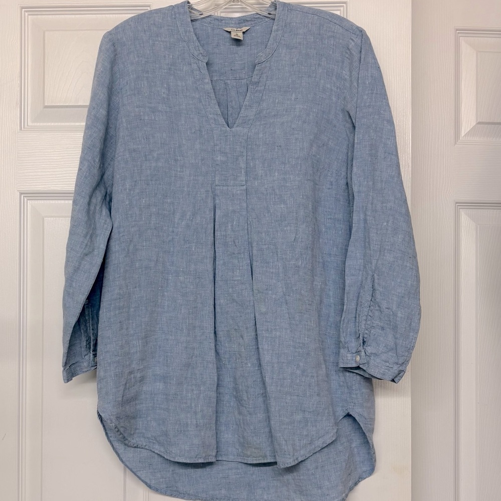 L.L. Bean 100% Linen Popover Relaxed Tunic Top Blue Sz M